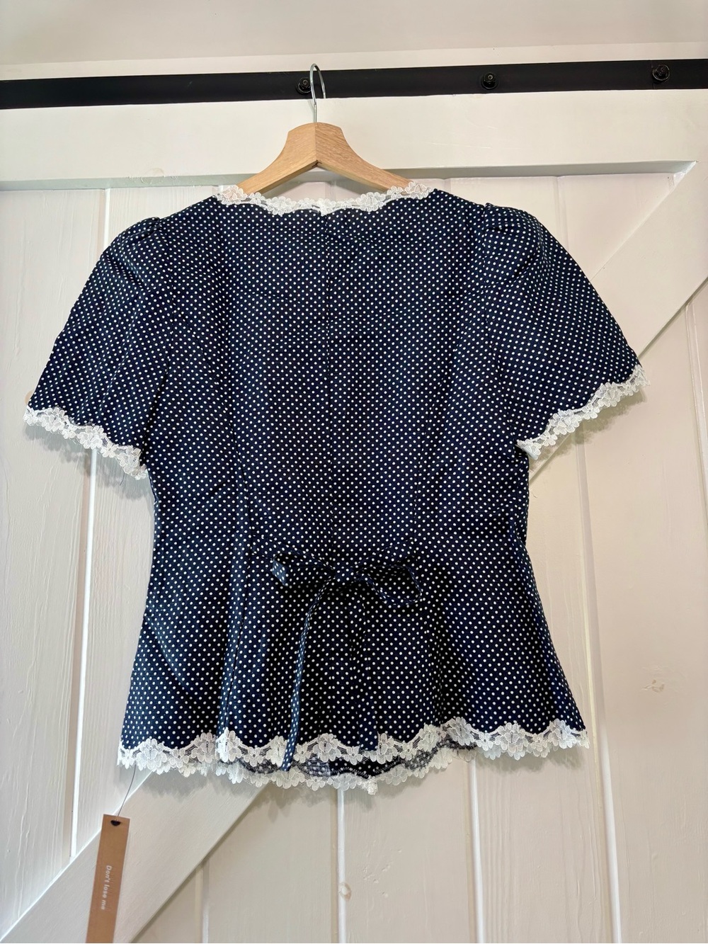 Reformation Annabella Linen Raindrops Navy Polka Dot Lace-Trim Short Sleeve 4 - Picture 3 of 9